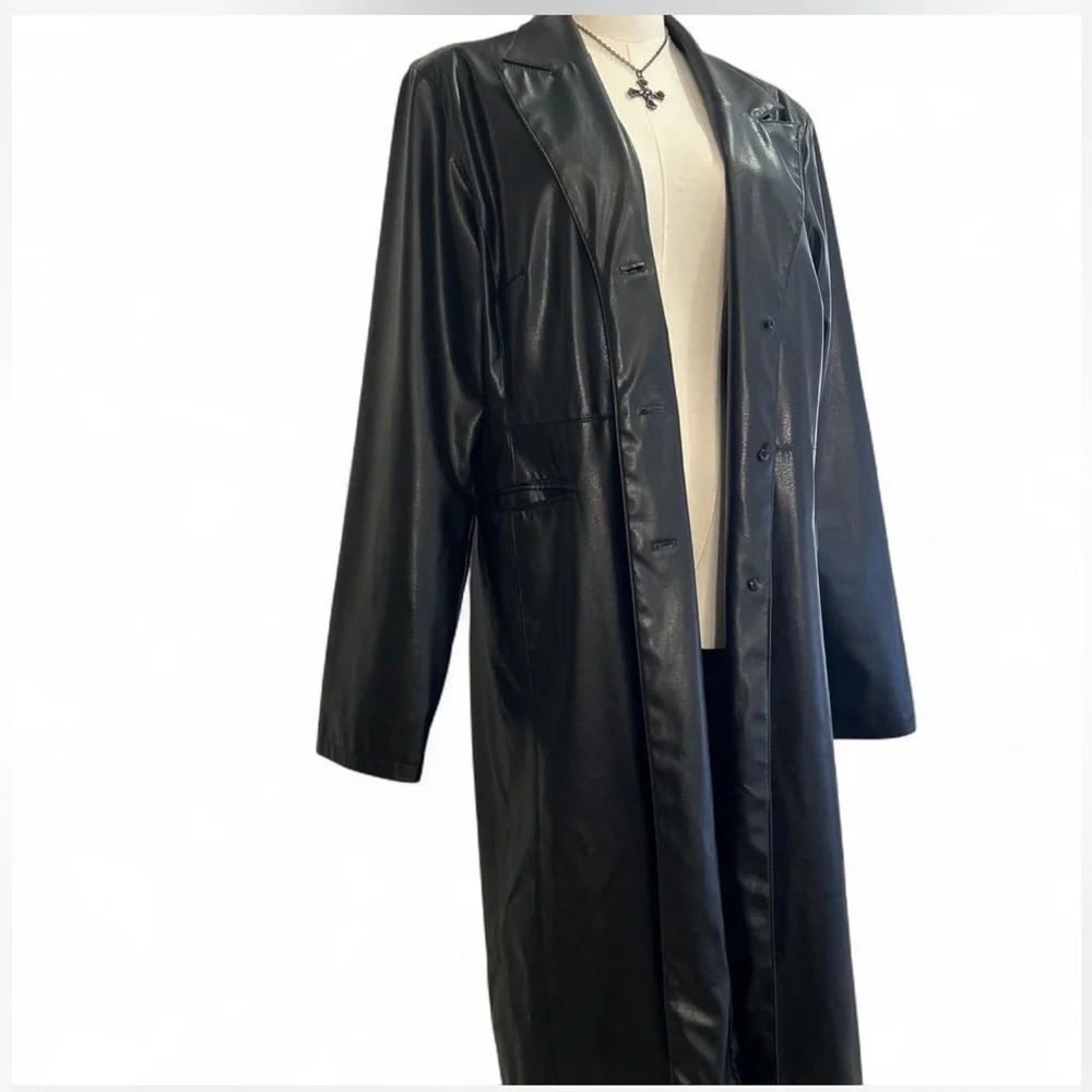90's Black Faux Leather Long Trench Coat Woman's Large - Picture 1 of 8